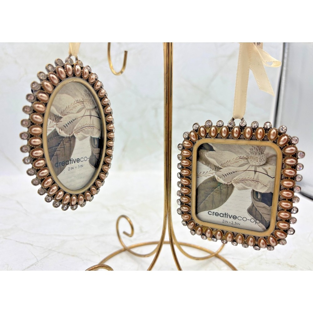 Creative Co-Op Set of 2 Miniature Pewter Frames 2x2-2x3 Faux Beaded Crystal NWT